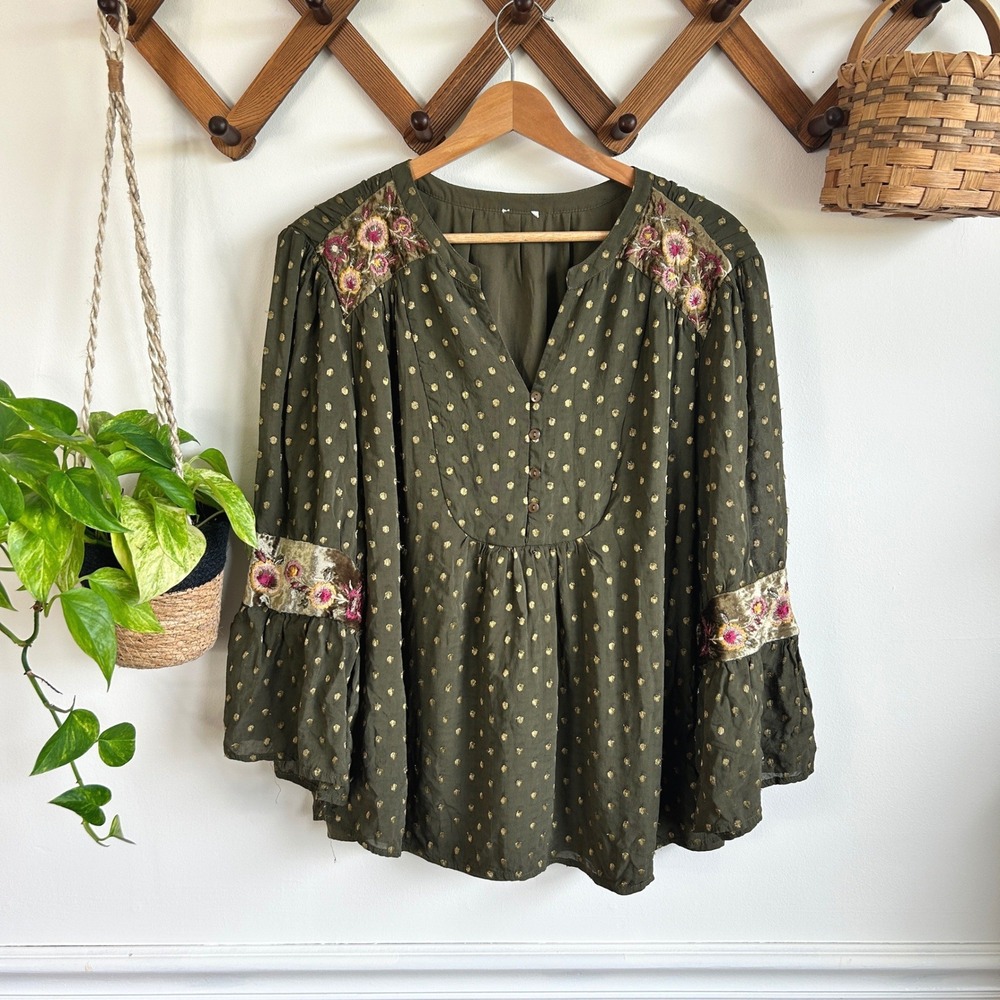 Chico's Olive Green Metallic Clip Dot Blouse with Floral Velvet Embroidery Boho